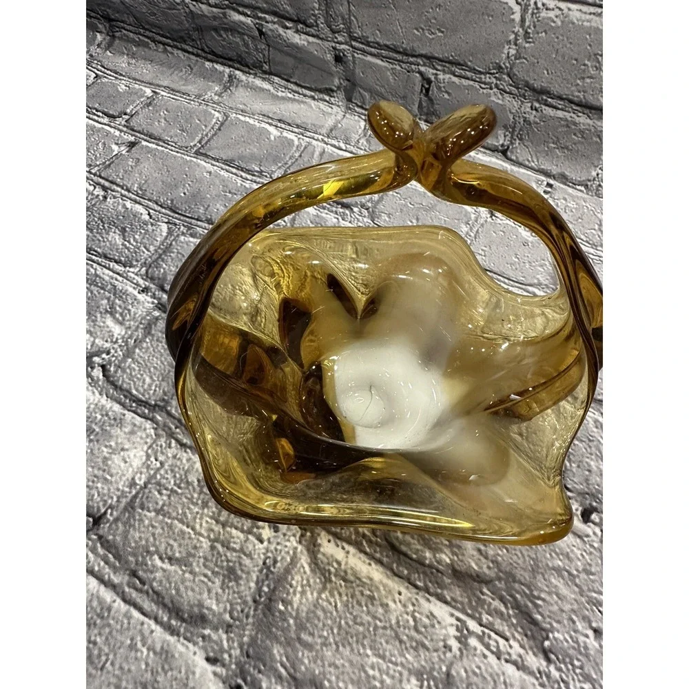 Vintage AMBER Free-Form ART GLASS W/White SHADE Handled Basket Candy Dish